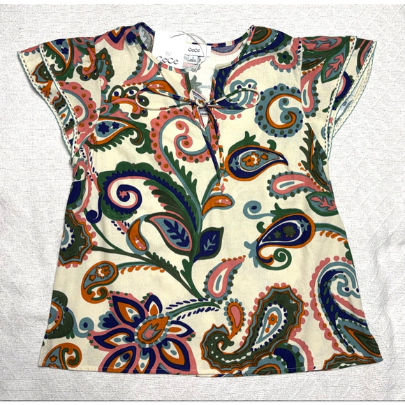 NWT Cece Linen Blend Paisley Ruffle Sleeve Boho Chic Colorful Top Size Medium - Picture 3 of 7